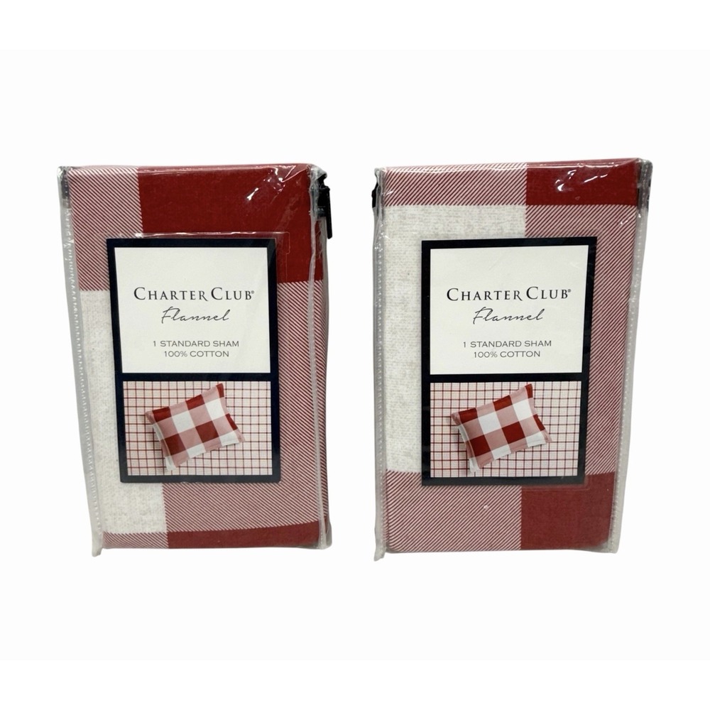 2 Charter Club Red Check Flannel Standard Sham 100% Cotton $120 Value